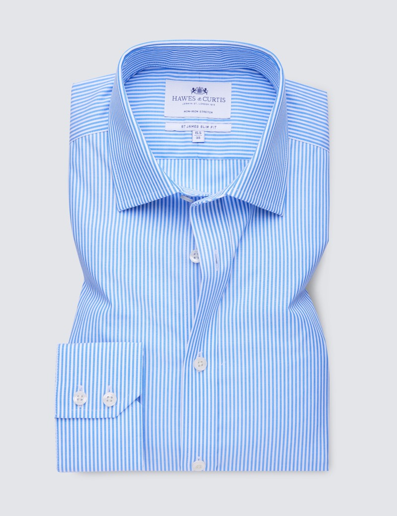 Men's Formal Blue & White Bengal Stripe Slim Fit Single Cuff Shirt - Non Iron 