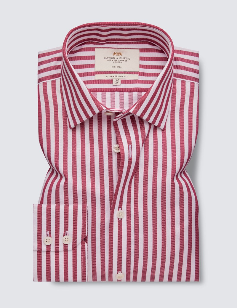 Non Iron Red & White Stripe Relaxed Slim Fit Shirt - Single Cuffs