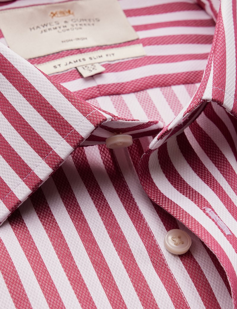 Non Iron Red & White Stripe Relaxed Slim Fit Shirt - Single Cuffs