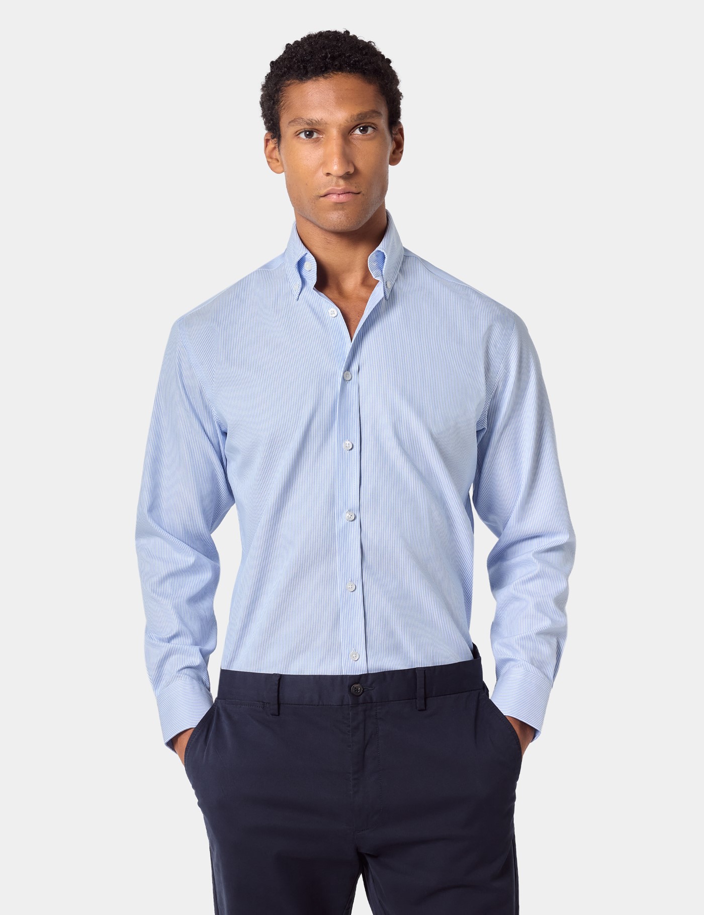 & Slim Fit Blue & Bengal Stripe Pin Point Non Iron Oxford Shirt 15.5" collar 34" sleeve