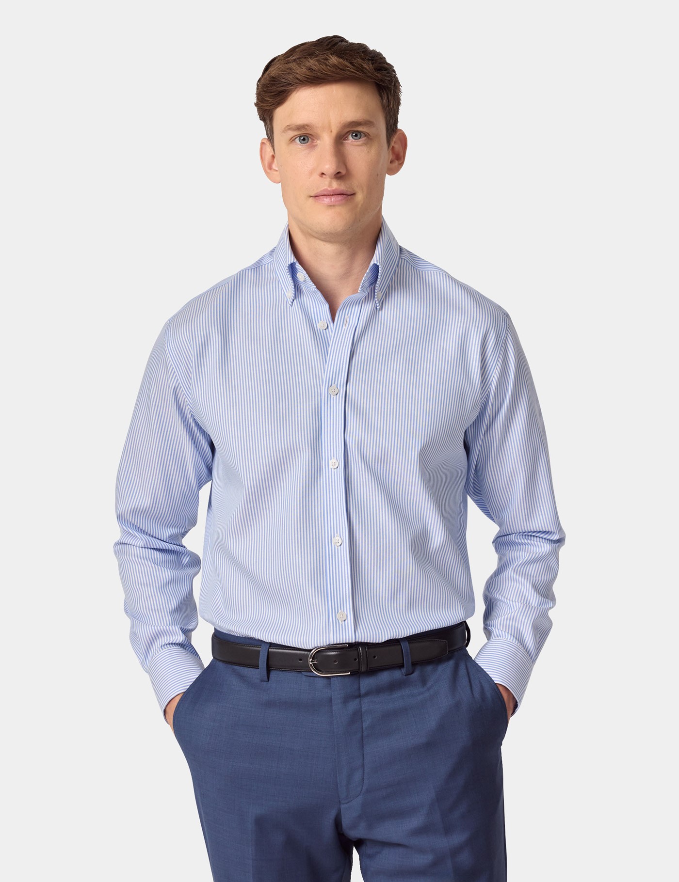 & Slim Fit Blue & Fine Stripe Pin Point Non Iron Oxford Shirt 15.5" collar 34" sleeve