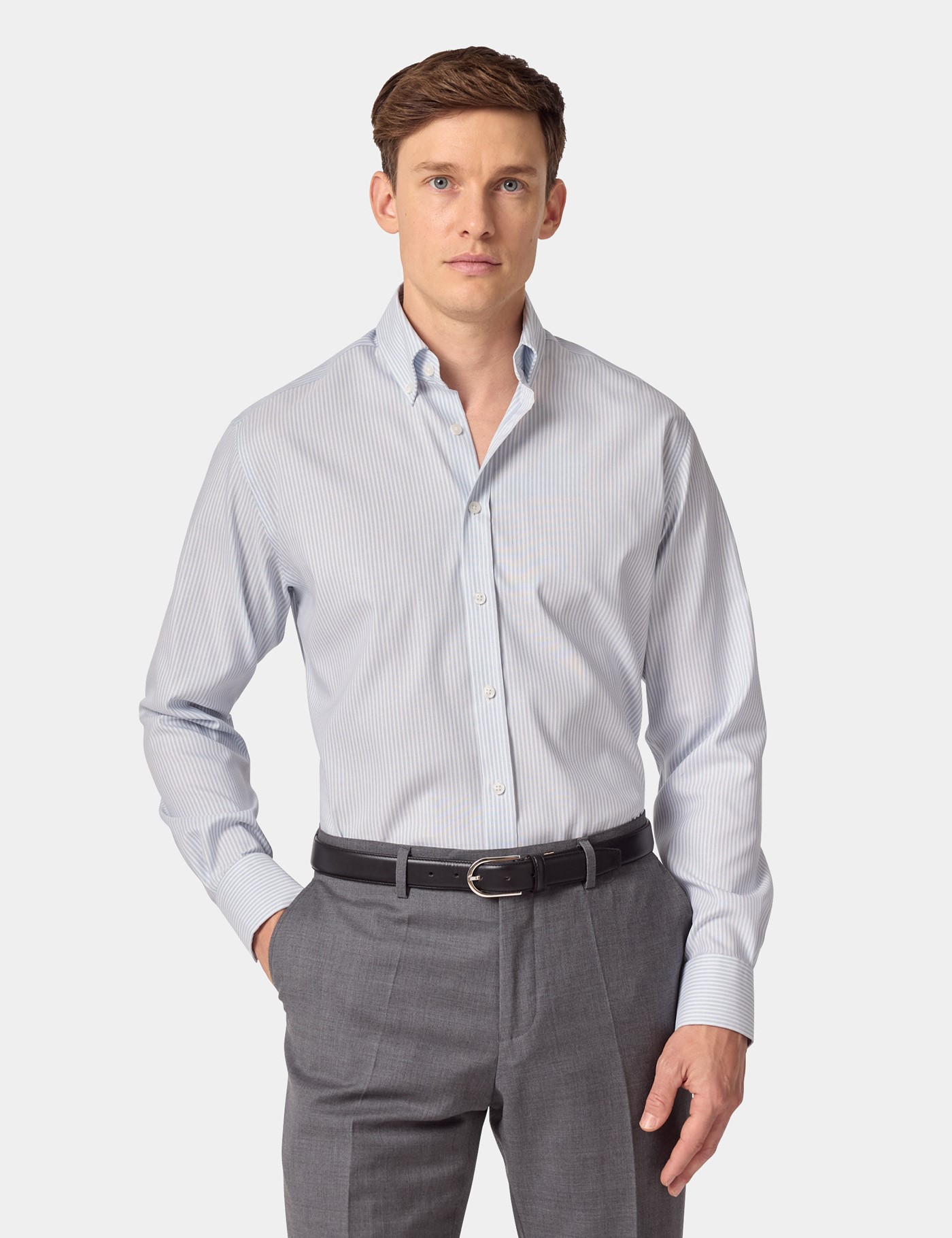 & Slim Fit Blue & Stripe Pin Point Non Iron Oxford Shirt 15.5" collar 34" sleeve