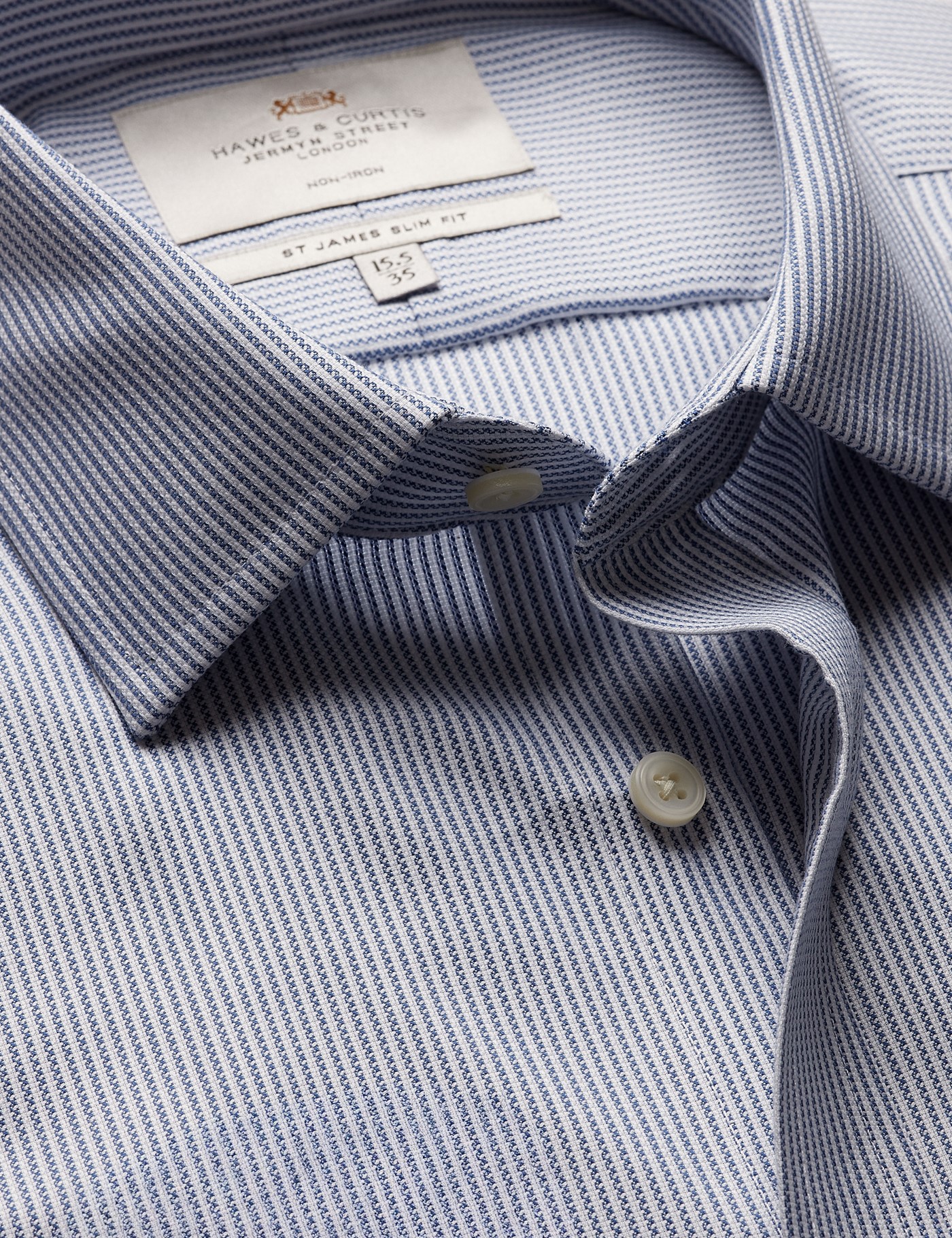 & Slim Fit Navy & Textured Stripe Non Iron Shirt 15.5" collar 34" sleeve