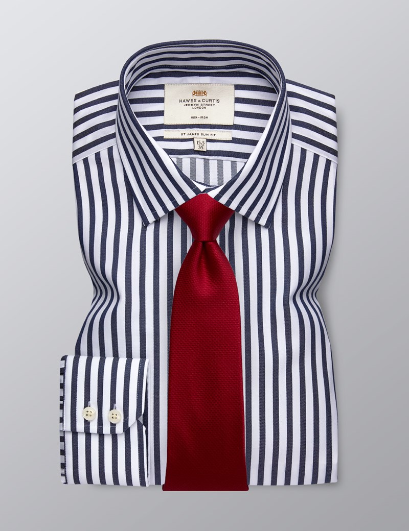 Men's Business Navy & White Bengal Stripe Slim Fit Shirt - Single Cuff ...