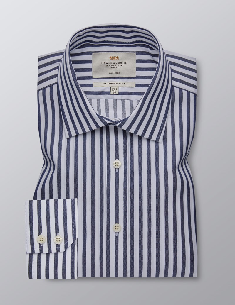Men's Formal Navy & White Stripe Slim Fit Shirt - Single Cuff - Non ...