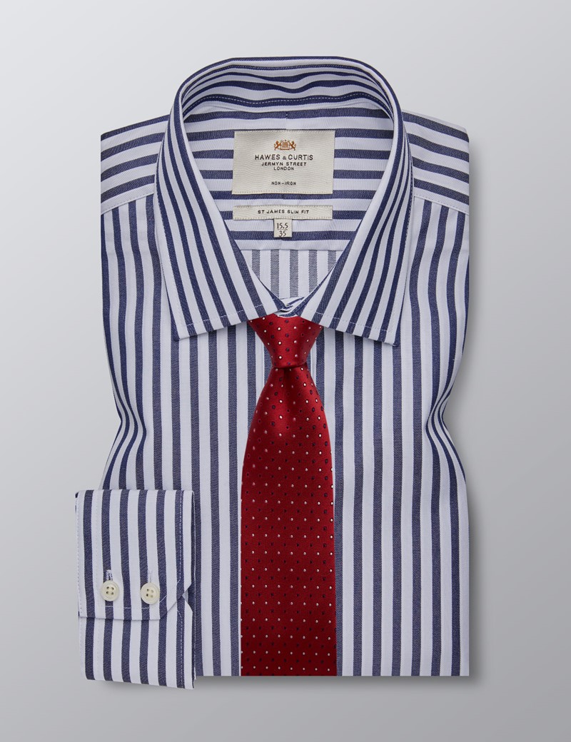 Men's Formal Navy & White Bold Stripe Slim Fit Shirt - Single Cuff ...