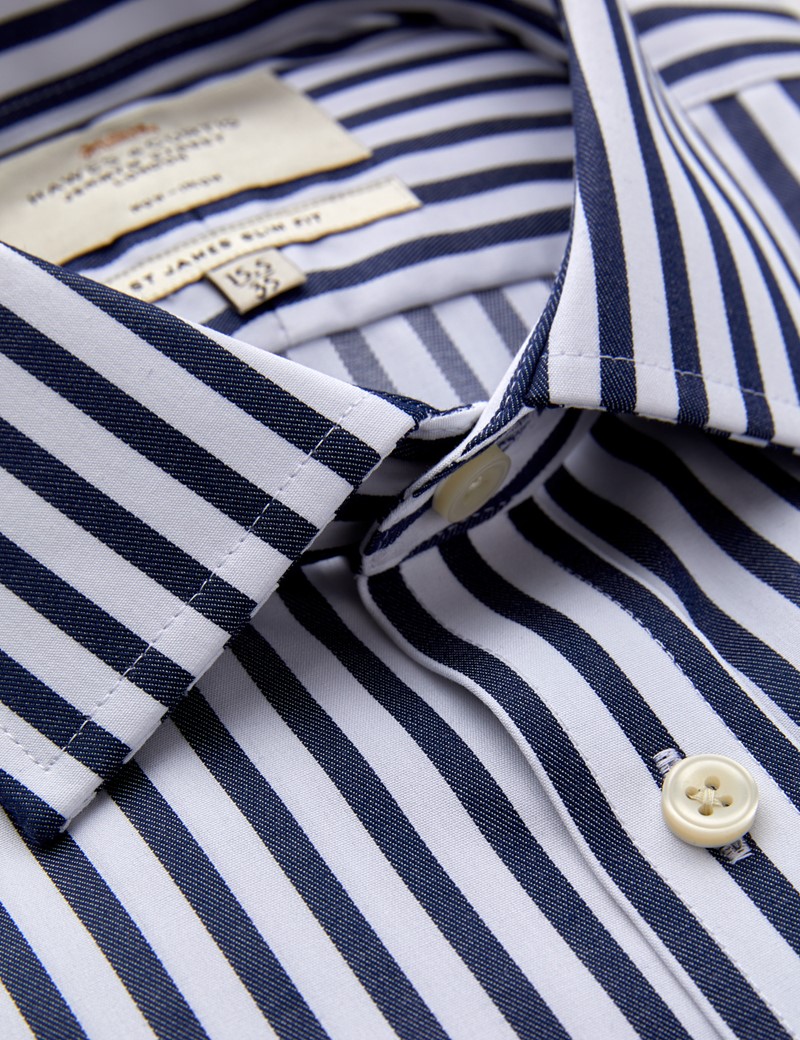 Men's Formal Navy & White Bold Stripe Slim Fit Shirt - Single Cuff ...