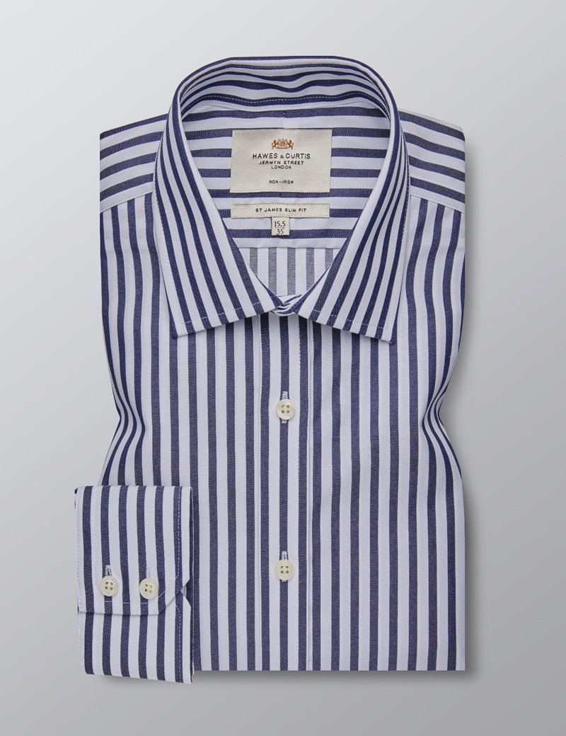 Men's Formal Navy & White Bold Stripe Slim Fit Shirt - Single Cuff ...