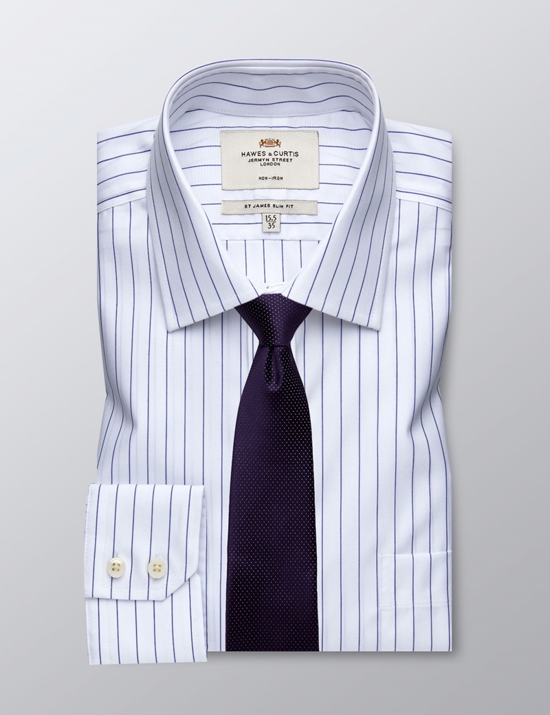 Men's Formal White & Navy Stripe Slim Fit Shirt - Single Cuff - Chest ...