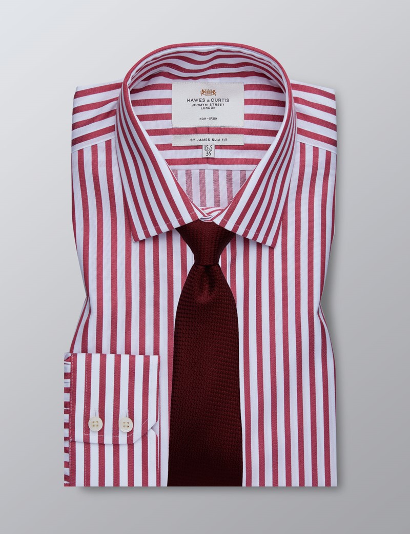 Mens Formal Red And White Stripe Slim Fit Shirt Single Cuff Non Iron Hawes And Curtis 7303