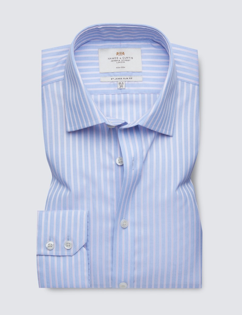 Non Iron Blue & Pink Multi Stripe Slim Fit Shirt 