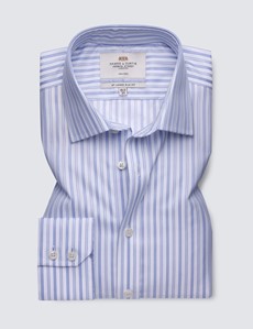 Men's Dress Blue & White Multi Stripe Slim Fit Shirt with Semi Cutaway Collar and Single Cuff - Non Iron