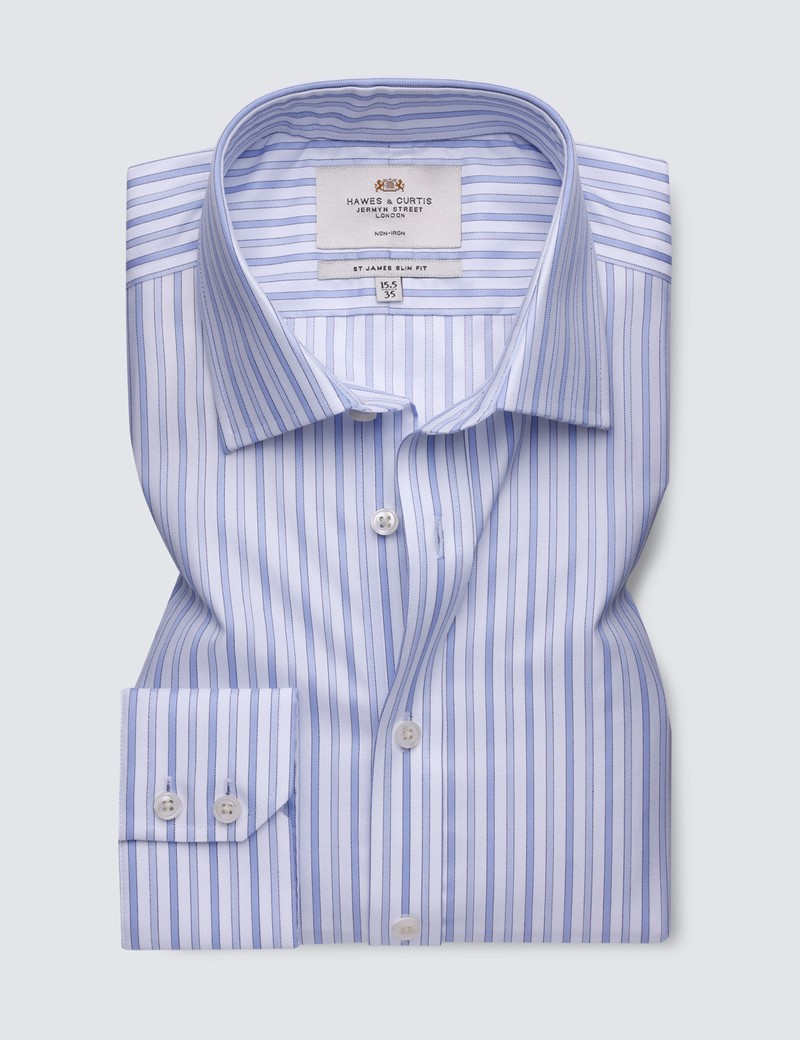 Men's Formal Blue & White Multi Stripe Slim Fit Shirt with Semi Cutaway Collar and Single Cuff - Non Iron