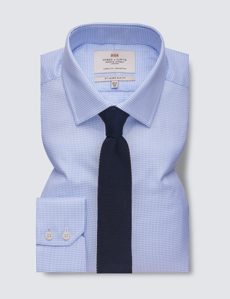 Easy Iron Blue & White Fabric Interest Relaxed Slim Fit Shirt - Single Cuffs