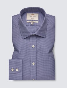 Non Iron Navy & White Dogtooth Relaxed Slim Fit Shirt With Semi Cutaway Collar - Single Cuffs