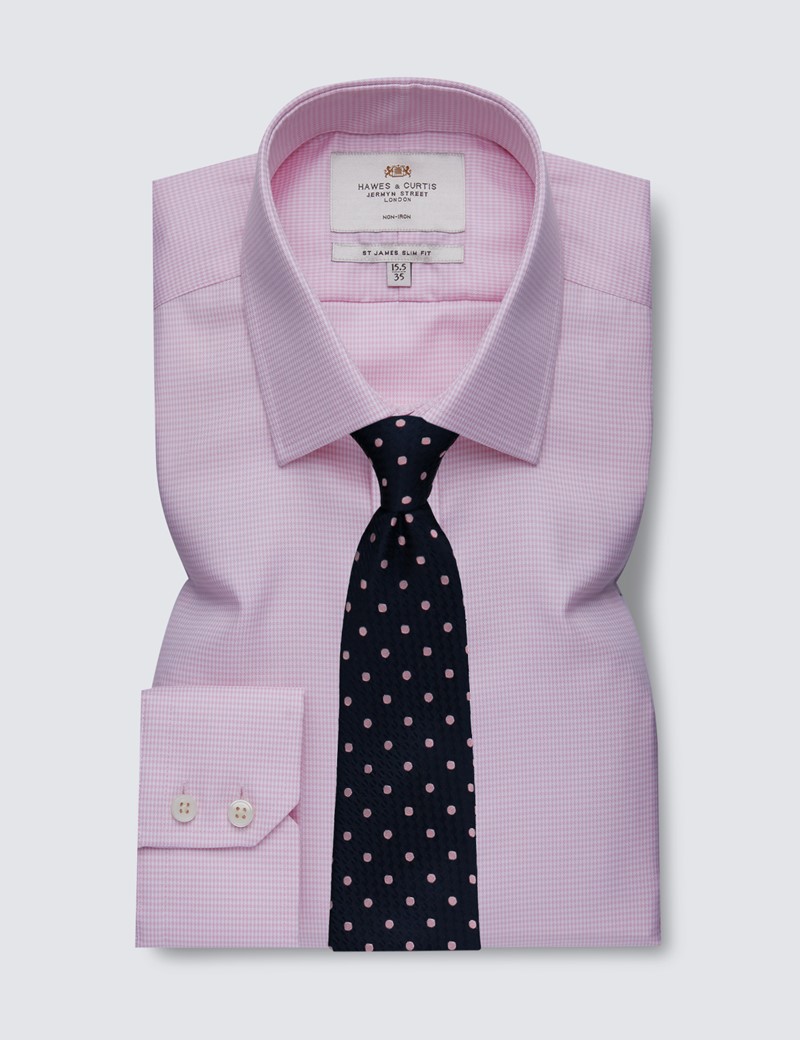 Men's Dress Pink & White Dogstooth Slim Fit Shirt - Single Cuff - Non Iron