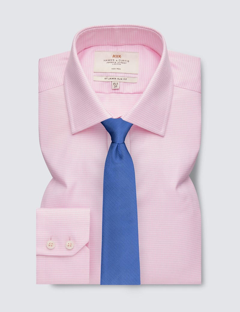 Non Iron Pink & White Dogstooth Relaxed Slim Fit Shirt - Single Cuffs