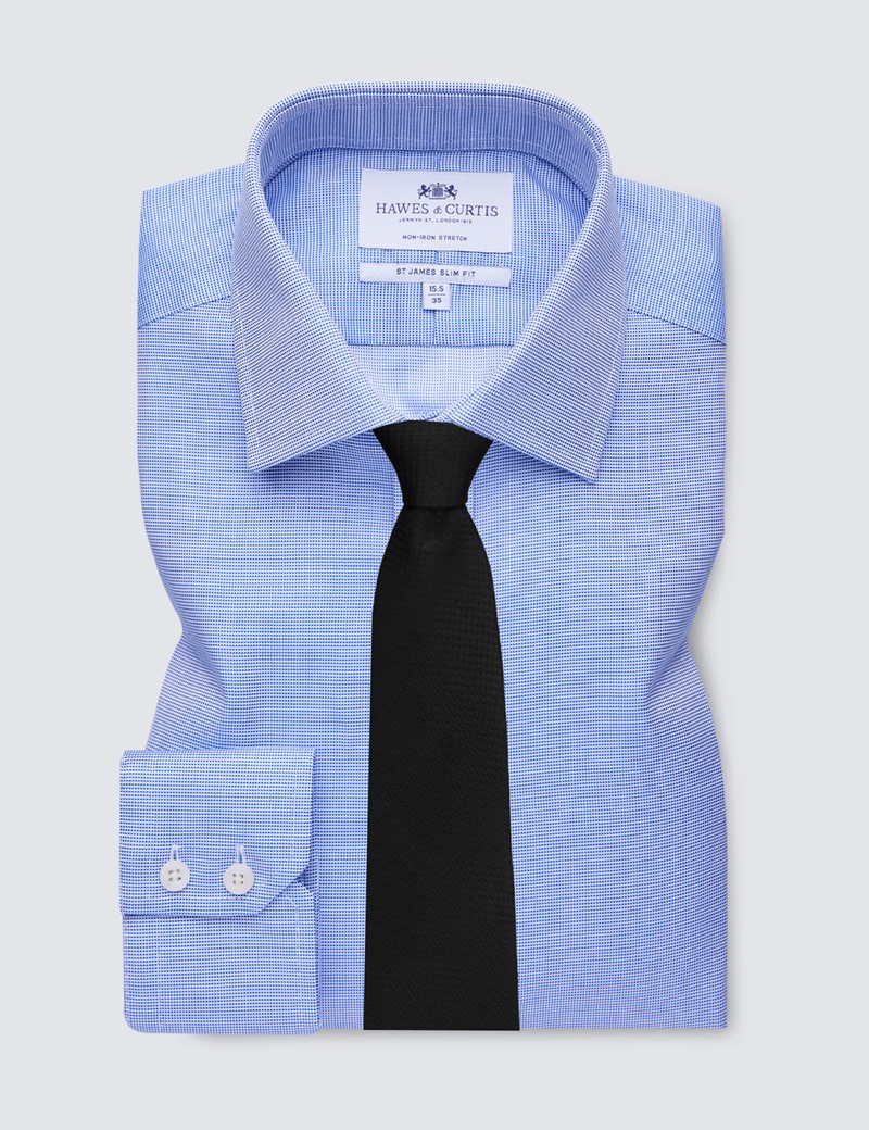 Men's Formal Navy & White Fabric Interest Slim Fit Single Cuff Shirt - Non Iron