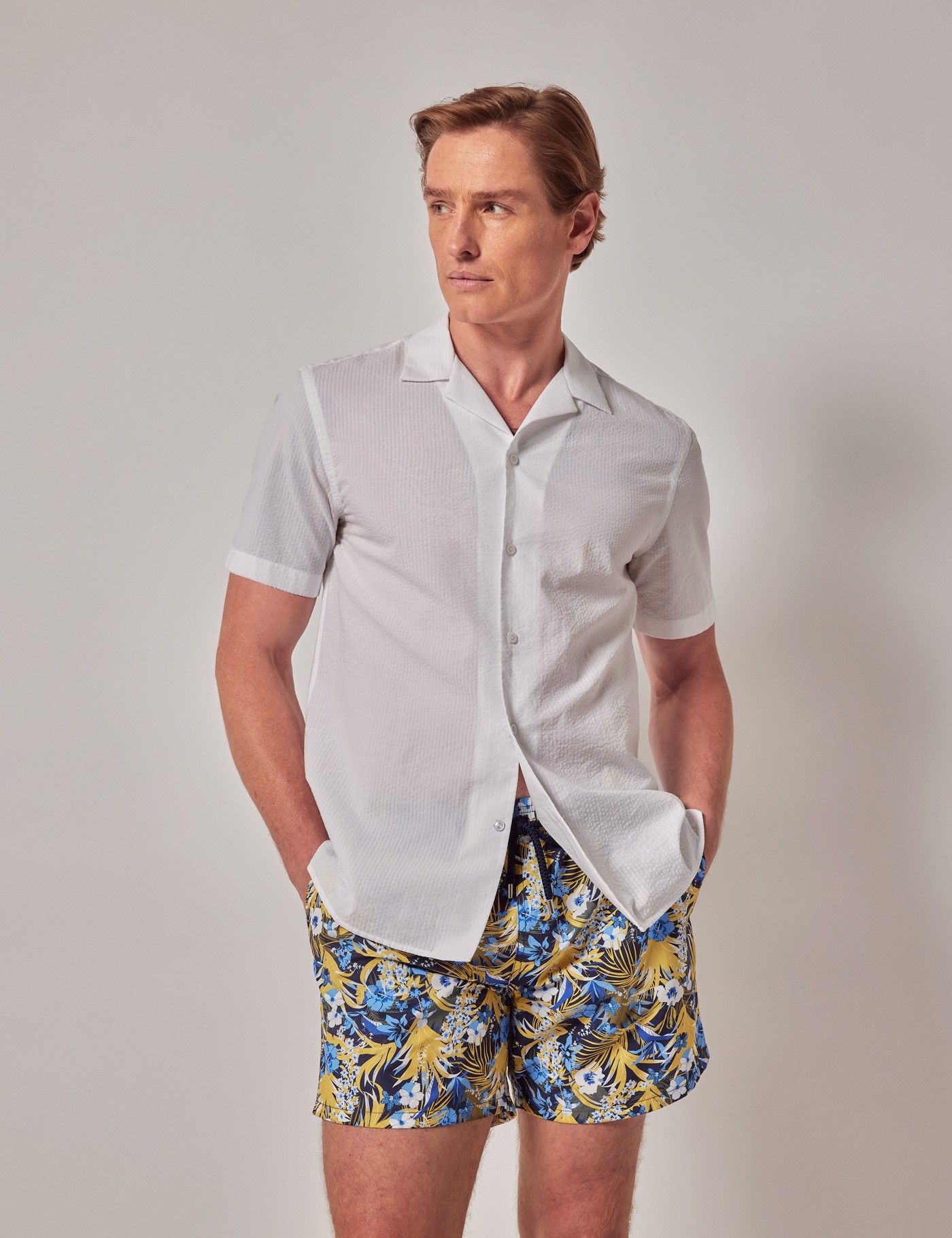 Hawes & Curtis Navy & Yellow Tropical Print Swim Shorts Size: Large image 2
