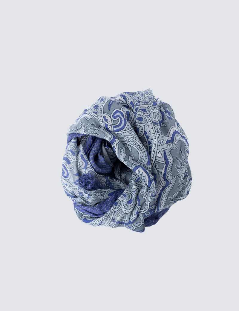 Grey & Blue Floral Viscose and Wool Scarf