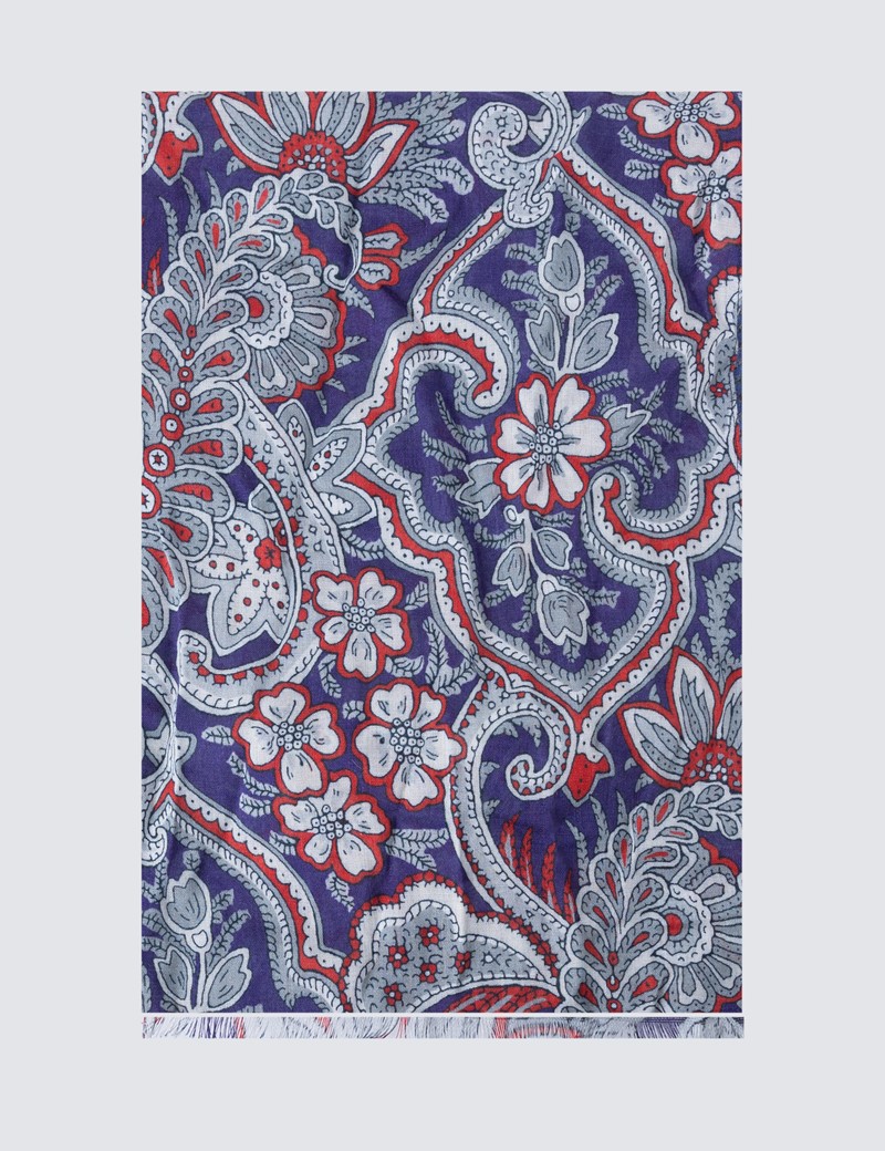 Red & Blue Floral Viscose and Wool Scarf 