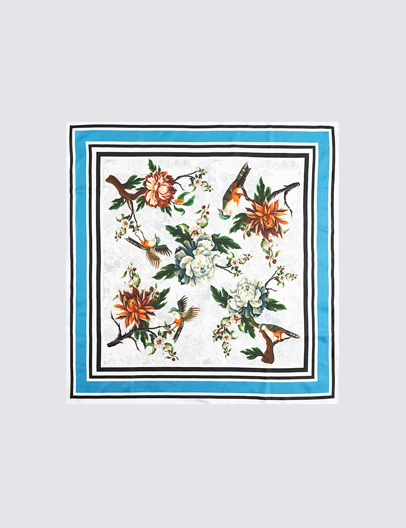 Women's White & Blue Floral Print Silk Scarf  