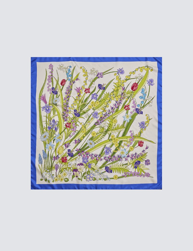 White & Blue Floral Print Neck Scarf - 100% Silk | Hawes & Curtis