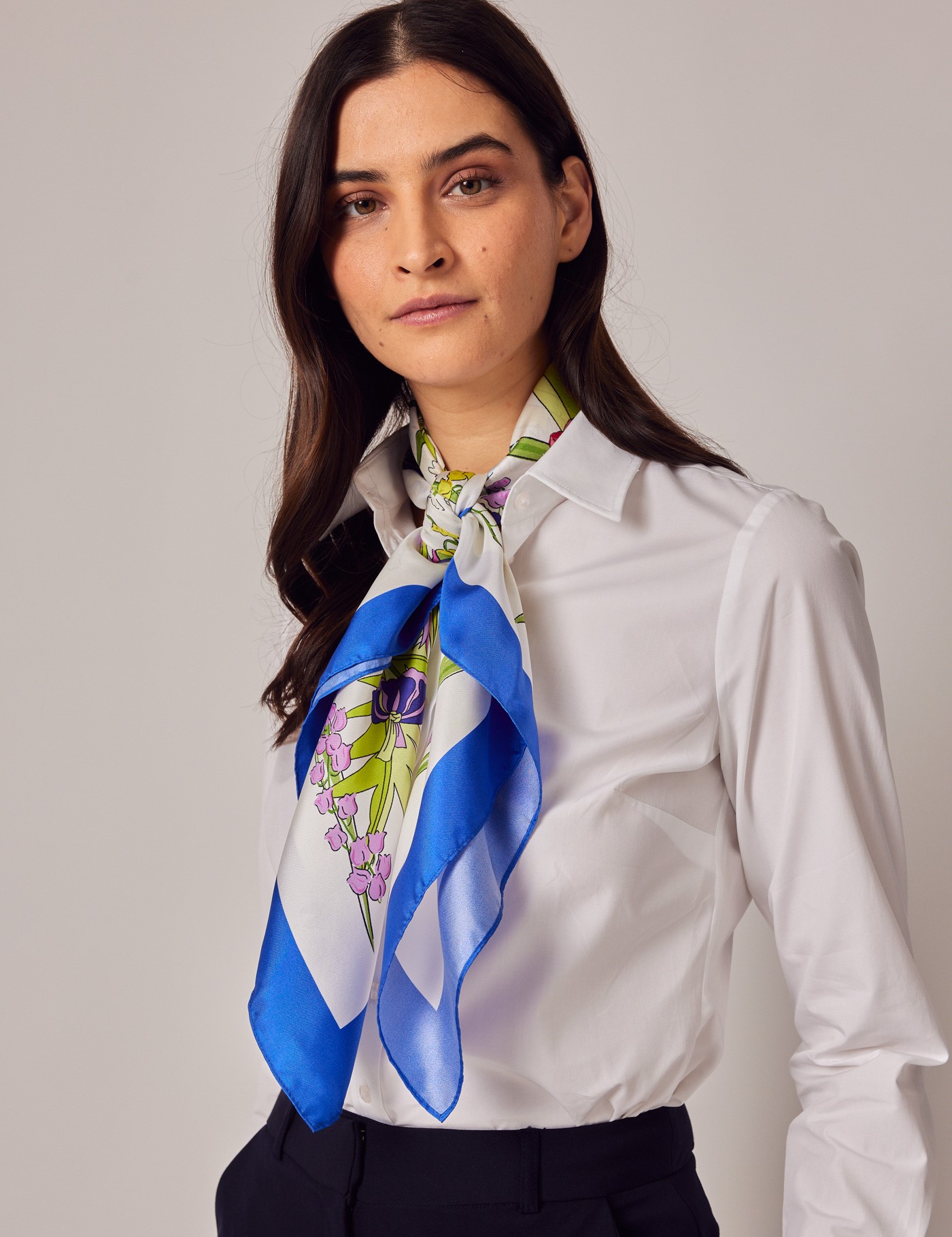White & Blue Floral Print Neck Scarf - 100% Silk | Hawes & Curtis