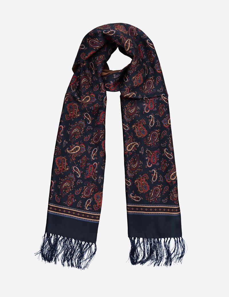 Bold Paisley Navy & Brown Wool and Silk Scarf | Hawes & Curtis