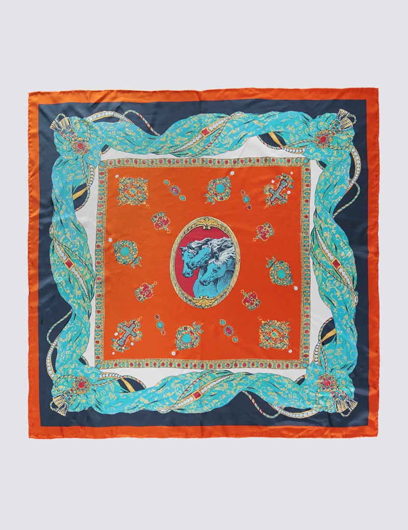 Women’s Orange & Blue Horses Print Silk Scarf | Hawes & Curtis