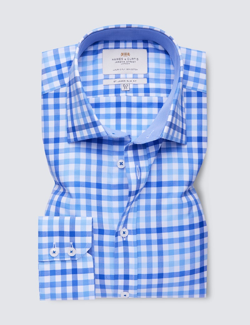 Easy Iron Blue & Royal Multi Check Slim Fit Shirt With Contrast Detail 