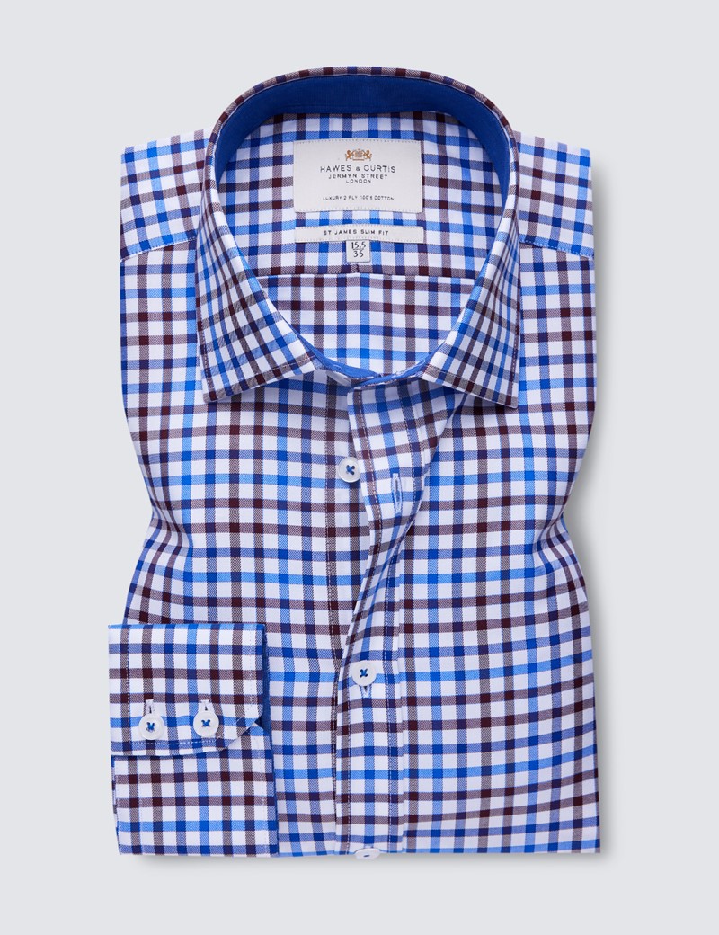 Easy Iron Brown & Blue Multi Check Slim Fit Shirt With Contrast Detail 