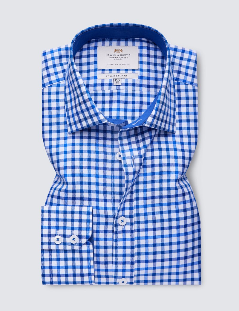 Easy Iron Navy & Blue Multi Check Slim Fit Shirt With Contrast Detail 