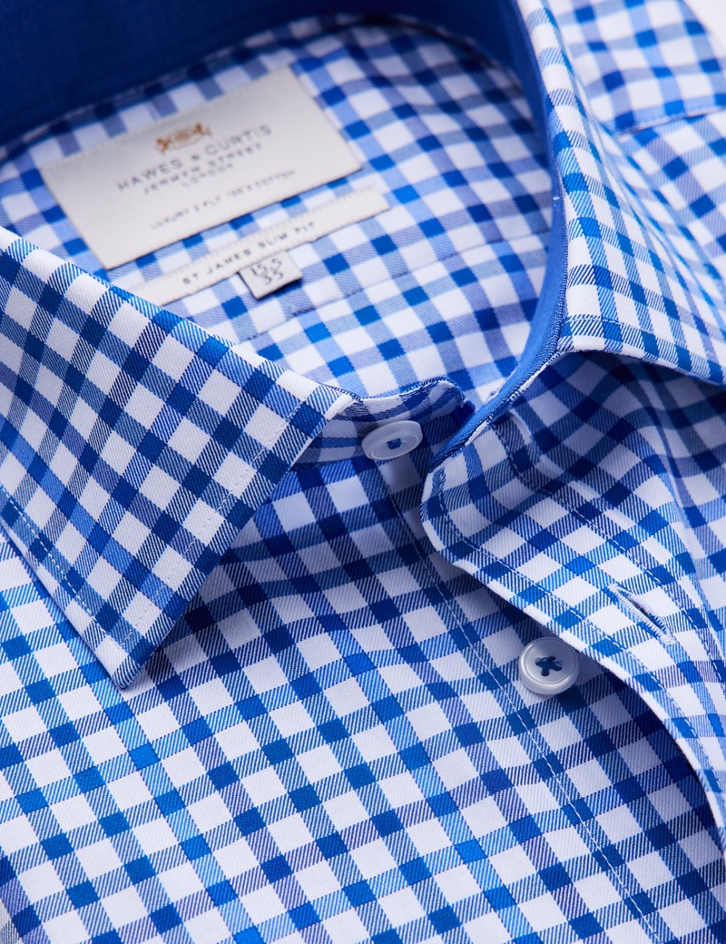 Easy Iron Navy & Blue Multi Check Slim Fit Shirt With Contrast Detail