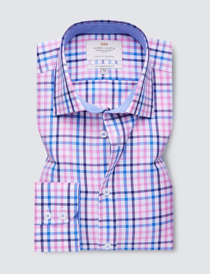 Easy Iron Pink & Blue Multi Check Slim Fit Shirt With Contrast Detail 