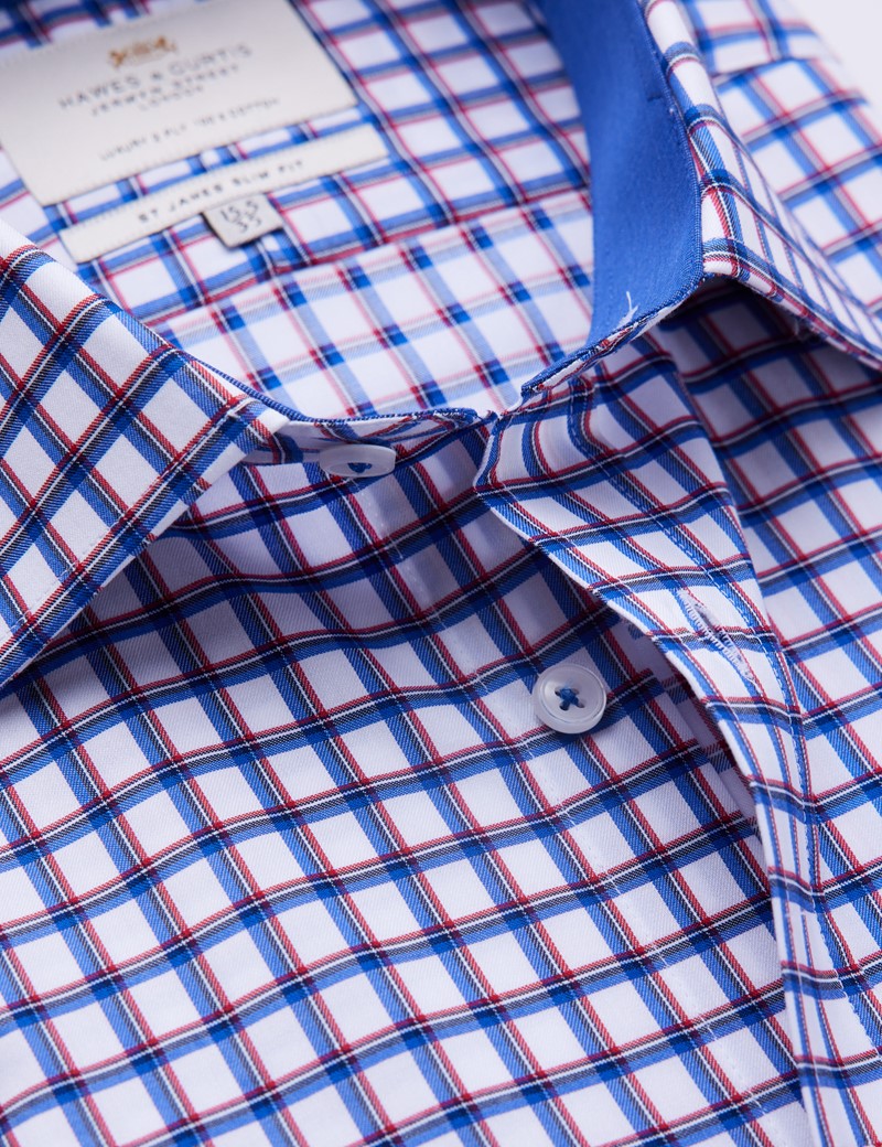Easy Iron Red & Navy Multi Check Slim Fit Shirt With Contrast Detail