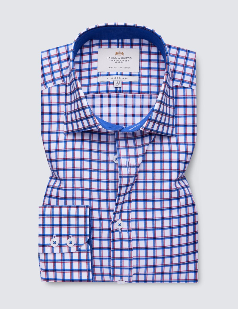 Easy Iron Red & Navy Multi Check Slim Fit Shirt With Contrast Detail