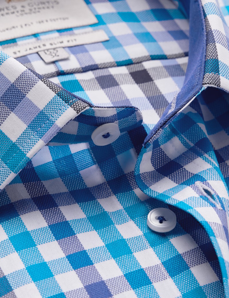 Easy Iron Blue & Turquoise Multi Check Slim Fit Shirt With Contrast Detail 