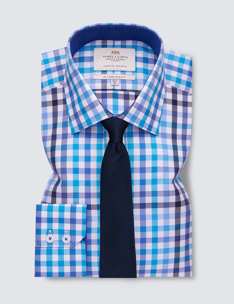 Easy Iron Blue & Turquoise Multi Check Slim Fit Shirt With Contrast Detail 