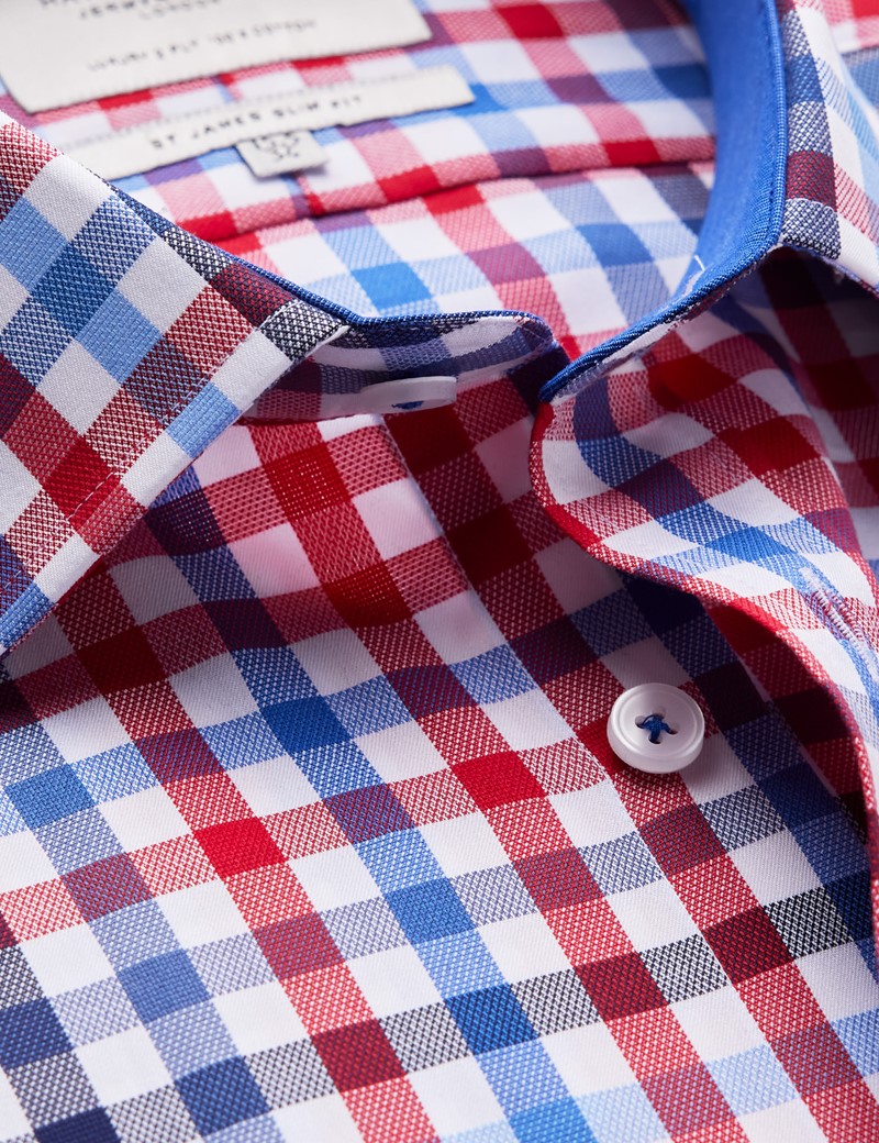Easy Iron Red & Navy Multi Check Slim Fit Shirt With Contrast Detail 