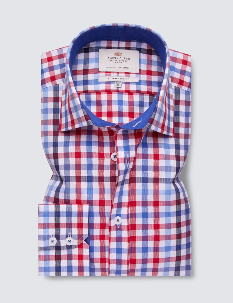 Easy Iron Red & Navy Multi Check Slim Fit Shirt With Contrast Detail 