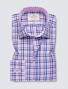 Easy Iron Pink & Navy Multi Check Slim Fit Shirt With Contrast Detail 