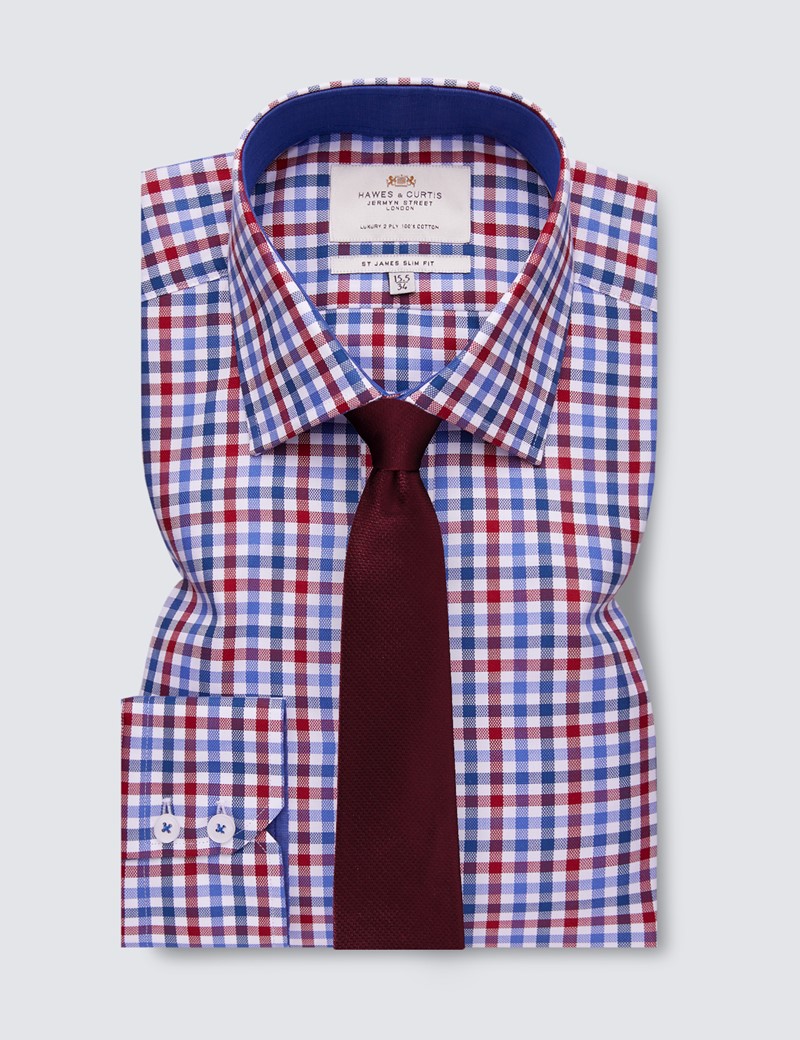 Easy Iron Red & Navy Multi Check Slim Fit Shirt With Contrast Detail - Single Cuffs