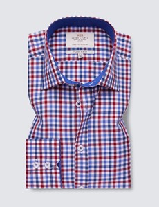 Easy Iron Red & Navy Multi Check Slim Fit Shirt With Contrast Detail - Single Cuffs