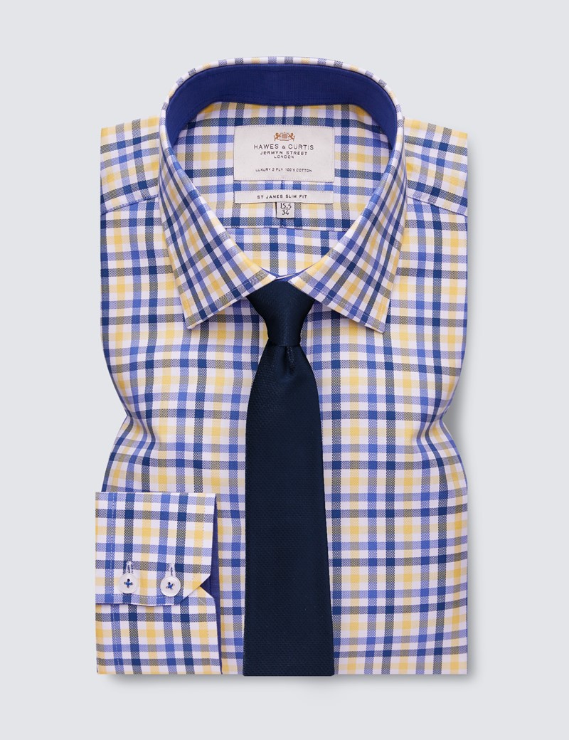 Bügelleichtes Businesshemd – Slim Fit – Kentkragen – blau gelb Karo
