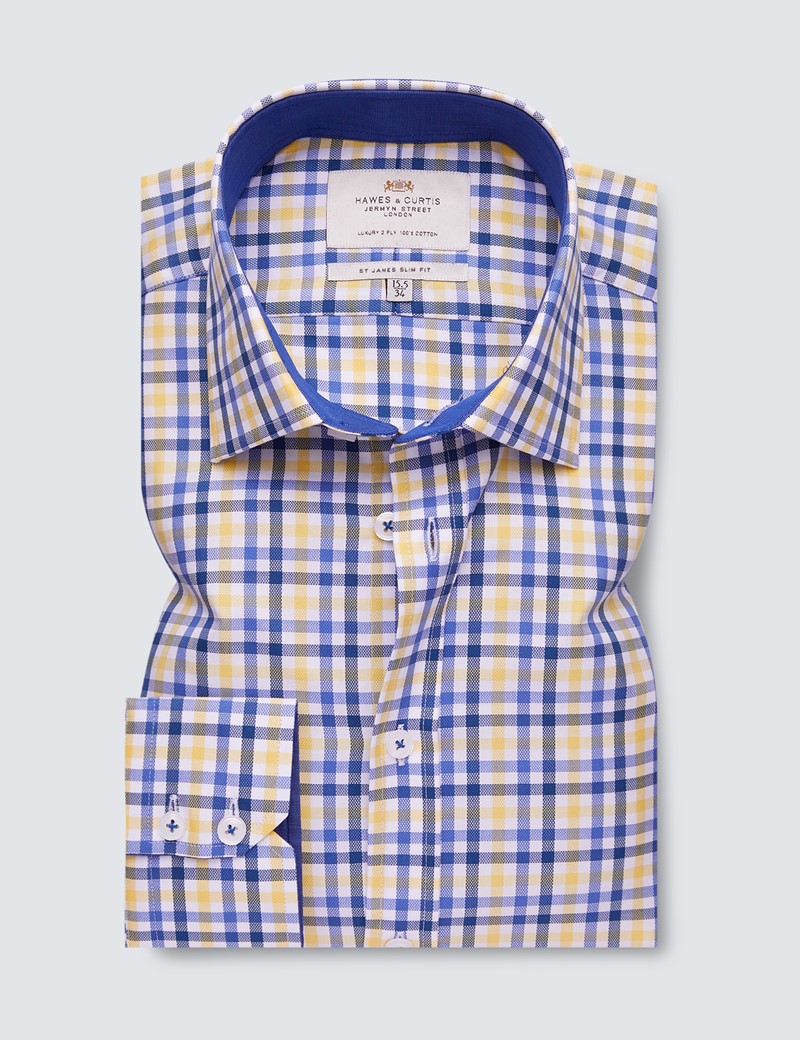 Easy Iron Yellow & Navy Check Slim Fit Shirt With Contrast Detail With Semi Cutaway Collar - Single Cuffs