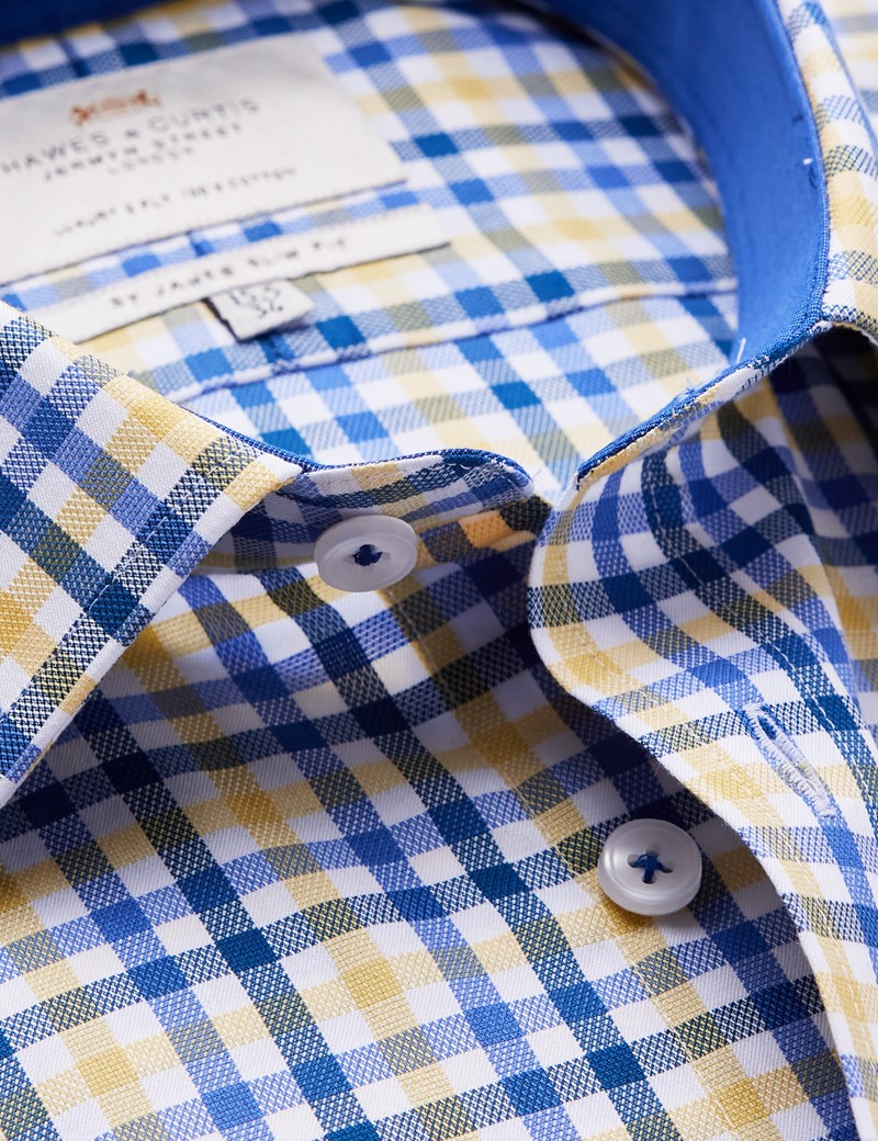 Easy Iron Yellow & Navy Check Slim Fit Shirt With Contrast Detail With Semi Cutaway Collar - Single Cuffs