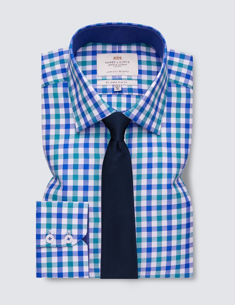 Easy Iron Navy & Green Multi Check Slim Fit Shirt With Contrast Detail 