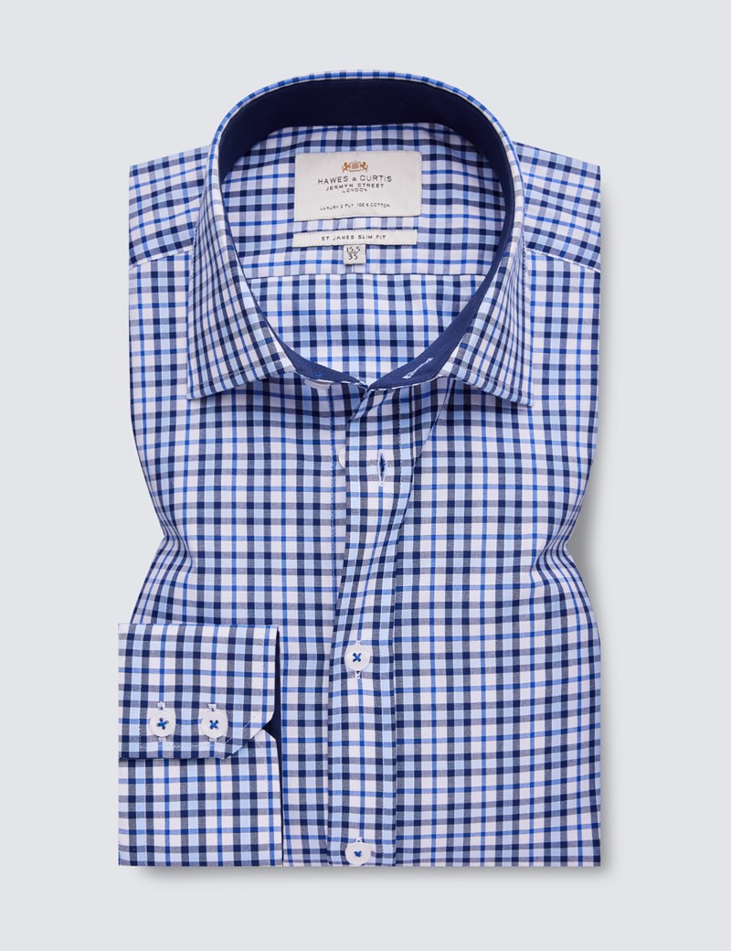 Easy Iron Blue & Navy Check Slim Fit Shirt With Contrast Detail  & Semi Cutaway collar - Single Cuffs