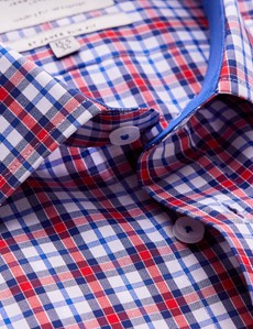 Easy Iron Red & Navy Check Slim Fit Shirt With Contrast Detail  & Semi Cutaway collar - Single Cuffs